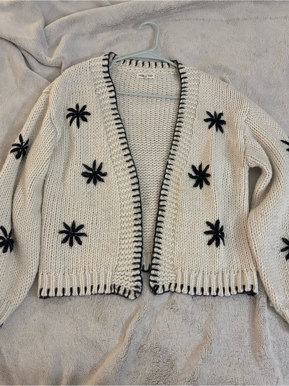 Main Strip Cream Open-Front Cardigan with Black Floral Appliqués